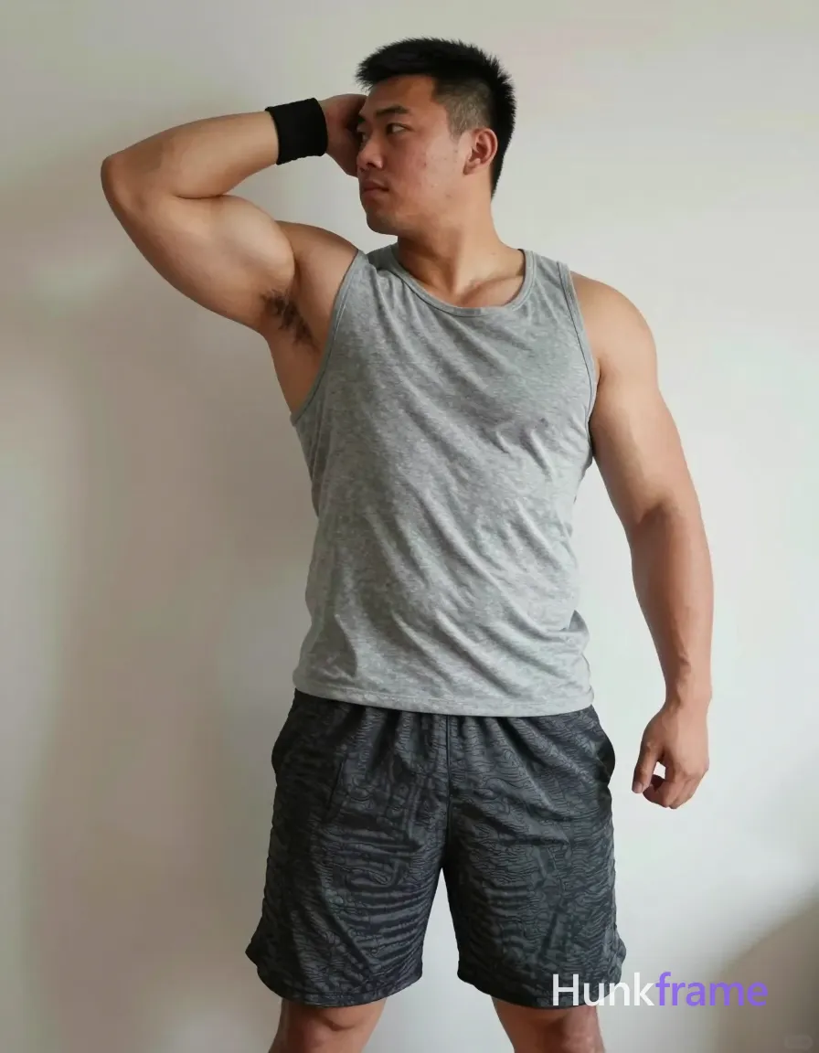 A big hairy stocky masculine man with bear energy, standing in profile with left arm raised behind head and elbow bent while gripping a black wristband near neck. He wears a grey sleeveless tank top covering torso and back paired with dark grey textured shorts. Broad shoulders and meaty chest are emphasized by soft directional indoor lighting against plain light-colored walls. Vertical portrait crop from mid-thighs to upper chest, clean composition focusing on musculature and posture in a rugged warm confidence mood., same aesthetic theme and photo feel as the reference but a different man in a different pose with distinct body proportions, Chinese man, light tan skin, high cheekbones, lean wiry martial-arts physique, a single uninterrupted photograph only, no written words or typography anywhere in frame, no captions, no app UI, no social-media post layout, no screenshot borders