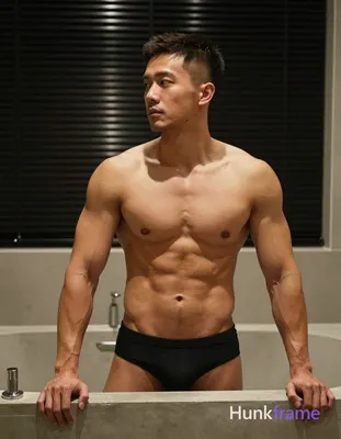 Asian man with tanned skin and short dark brown undercut hair, clean-shaven face with neutral contem