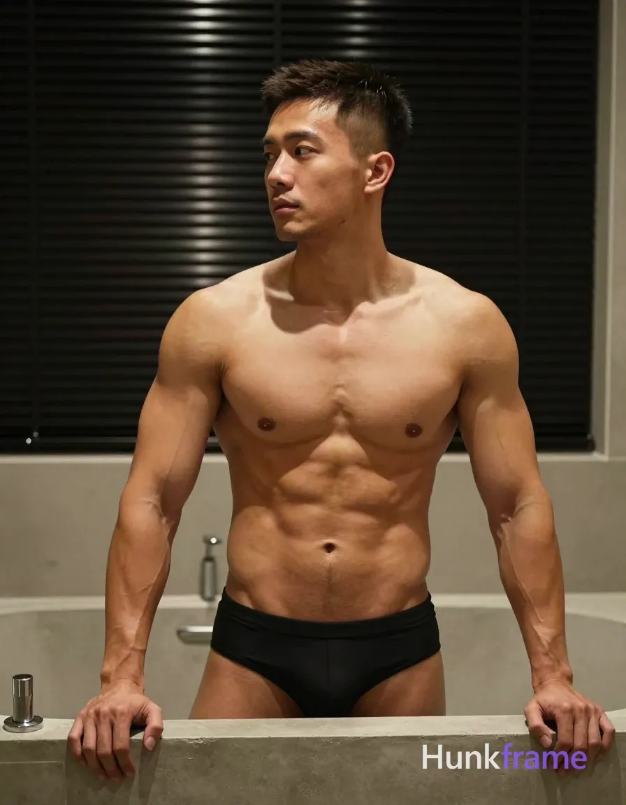 Asian man with tanned skin and short dark brown undercut hair, clean-shaven face with neutral contemplative gaze leftward; Standing inside a freestanding concrete bathtub, torso upright relaxed, both hands resting on the rim (left near faucet); Shirtless adult with bare chest, broad shoulders, defined pectorals, ripped abdomen, thick arms; black swim briefs visible at waistline; Indoor bathroom setting with large tub and black horizontal blinds behind; Warm indoor artificial lighting casting soft directional highlights on sculpted musculature; Fine-art photography aesthetic, dramatic chiaroscuro emphasizing anatomy, homoerotic undertone through pose and intimate spa atmosphere; single clean uninterrupted photograph with a cohesive editorial composition and plain continuous surrounding surfaces