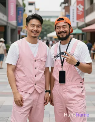 Two adult Asian men in a polished anime style, standing side-by-side facing camera with casual frien