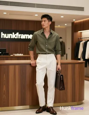 Asian man with short dark textured hair and clean-shaven face stands upright in a luxury retail inte