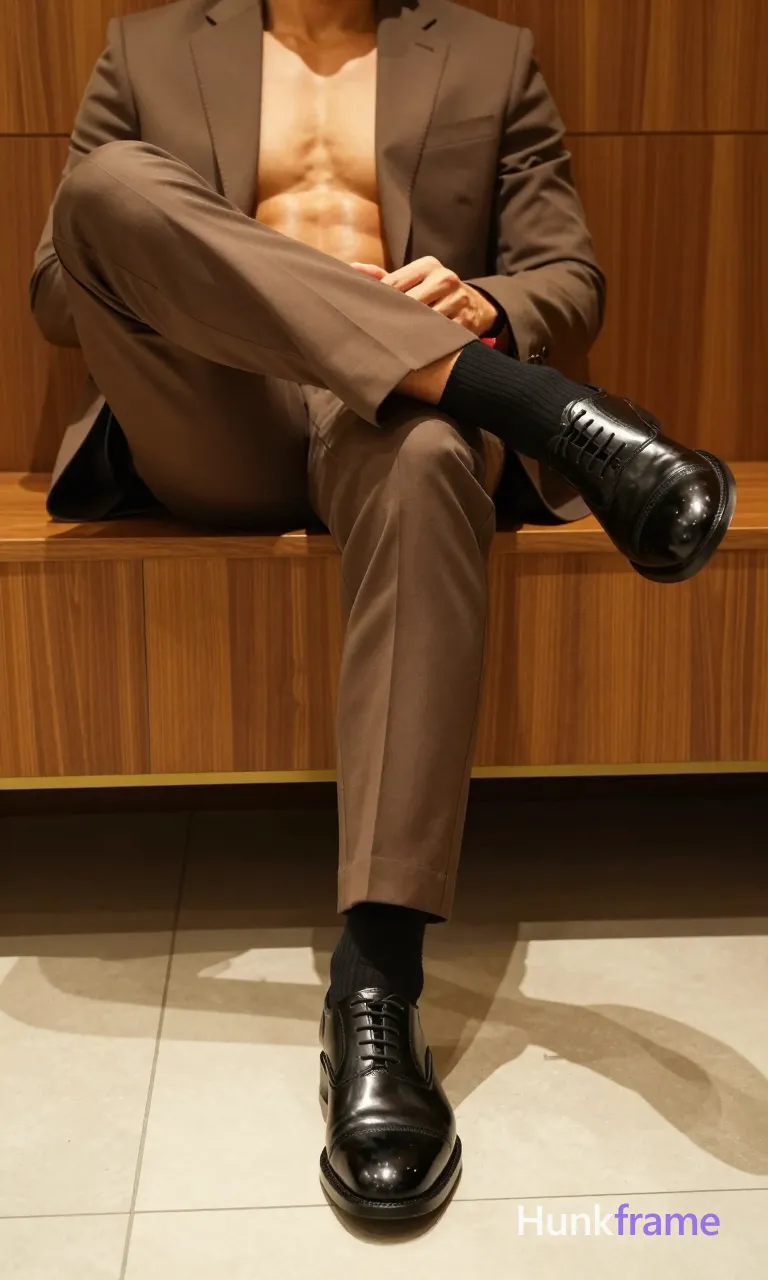 Candid lifestyle photo of a handsome masculine man seated with legs extended and crossed at the ankles, left foot resting on right thigh. He wears full-length brown suit trousers, black ribbed crew socks, and polished black leather lace-up dress shoes in an indoor setting with wood-paneled walls. Warm ambient lighting highlights shoe sheen; cropped from mid-thighs down to feet with upper body out of frame for a vertical social-feed look., same aesthetic theme and photo feel as the reference but a different man in a different pose with distinct body proportions, Filipino man, golden brown skin, warm smile lines, compact muscular build, a single uninterrupted photograph only, no written words or typography anywhere in frame, no captions, no app UI, no social-media post layout, no screenshot borders