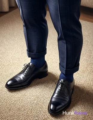 High-angle anime style close-up of a polished adult man's lower legs and feet standing on textured b
