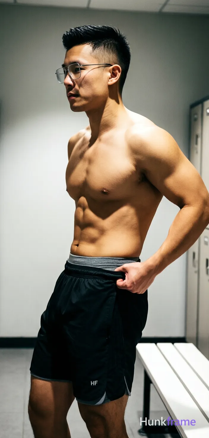 Asian man with short dark black hair high fade, thin metal frame rectangular glasses worn on face, clean-shaven; Standing profile facing left pulling up black athletic shorts waistband mid-thigh right side shirtless bare chest six-pack abs thick thighs visible gray inner waistband above outer fabric indoor locker room white bench dramatic directional lighting highlighting musculature high contrast shadows candid lifestyle scene vertical social-feed look trendy vibe fine-art photography style The adult man visibly wears thin metal frame glasses worn on the face; clear lenses with no tint; rectangular to slightly rounded shape on his face; preserve the exact frame shape, rim style, color, material, and lens tint; FULL GARMENT TEXT REPLACEMENT: remove every source garment word, sentence, slogan, logo, and partial brand spelling from every existing print area, then replace those source marks with only the wordmark, spelled exactly "HF"; This is replacement, Repeated "HF" marks are allowed only where the source garment already had printed text; preserve appropriate placement, typography, color, and scale; No other; single clean uninterrupted photograph with a cohesive editorial composition and plain continuous surrounding surfaces