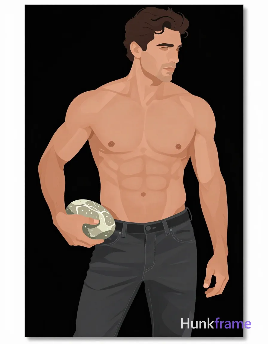 Bold flat-color wall art graphic of shirtless adult man with broad shoulders and six-pack abs standing, torso angled slightly right holding a textured stone near hip. Dark grey jeans with black belt visible at waistline against deep black background. High-contrast color blocking separates skin tones from denim textures. Vertical portrait crop centered showing torso and upper thighs only, clean vector line defining sculpted anatomy., same aesthetic theme and photo feel as the reference but a different man in a different pose with distinct body proportions, Mediterranean Italian man, olive skin, wavy dark hair, lean surfer body, a single uninterrupted photograph only, no written words or typography anywhere in frame, no captions, no app UI, no social-media post layout, no screenshot borders