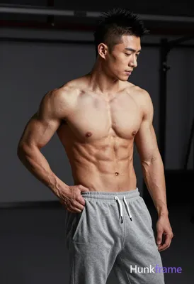 Asian man with short spiky black undercut hair and clean-shaven face, shirtless showing a highly mus