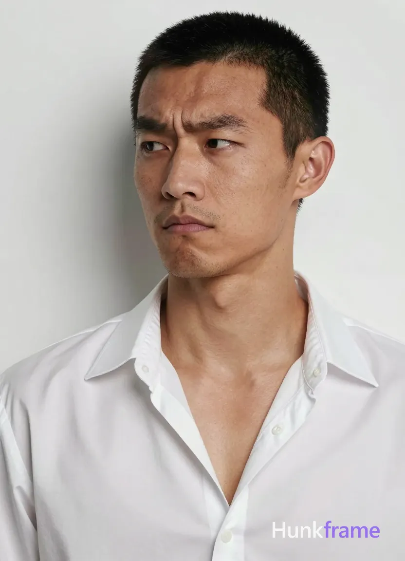 an anonymous figure man with light to medium tan skin texture and pores, short black buzz cut, light stubble on chin; head tilted slightly left against pillow shoulders relaxed; Wearing white satin button-down shirt with wide collar and deep V-neck exposing upper chest only; Soft directional lighting from front-left creates subtle shadows on right side of face; High-resolution skin detail, minimalist composition tight framing on expressive grimacing face and torso; XHS lifestyle photography style; single clean uninterrupted photograph with a cohesive editorial composition and plain continuous surrounding surfaces