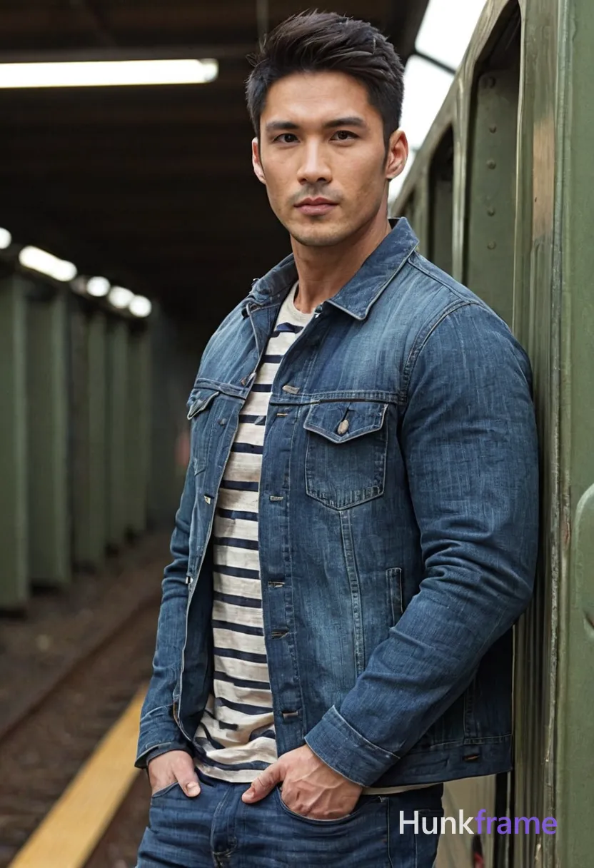 Photoreal photograph of a handsome masculine man standing with hands in pockets and slightly leaning forward. The image is cropped to torso level, showing his defined abs and thick muscular thighs. He wears a denim jacket over a striped shirt and jeans, set against an urban industrial backdrop featuring a train car. Soft lighting and muted tones create a moody atmosphere. The composition follows an 851:1280 aspect ratio in vertical portrait orientation with the head out of frame and shoulders visible