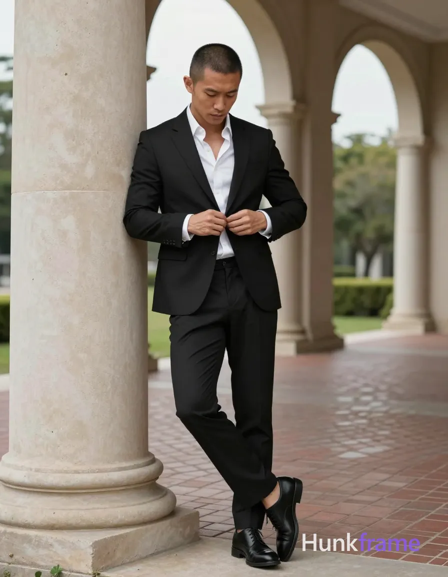 Asian man with short buzz cut and clean-shaven face in tasteful suggestive framing, buttoning white dress shirt under black suit jacket while leaning against stone column; Weight shifted to left leg, right foot resting on base of column creating relaxed tension; Broad shoulders, defined pectorals, tight waist visible beneath open collar without tie exposing neck softly; Black leather oxford shoes grounded on brick floor with arched colonnade background and greenery beyond; Soft natural daylight diffused by overcast sky enhances sculpted physique in vertical portrait orientation 13:19 aspect ratio; single clean uninterrupted photograph with a cohesive editorial composition and plain continuous surrounding surfaces