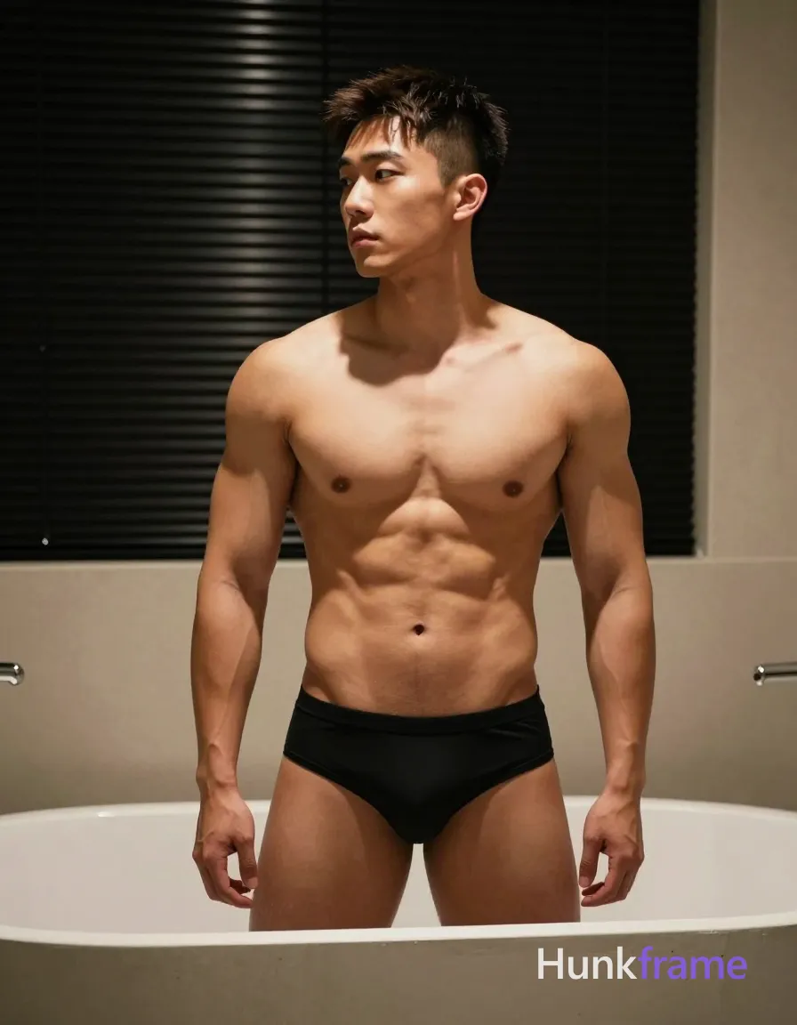 Asian man with tanned skin and short dark brown undercut hair, clean-shaven face with a neutral contemplative gaze directed leftward; He stands shirtless inside a large freestanding concrete bathtub in an indoor bathroom setting, wearing black swim briefs visible at the waistline; His broad shoulders, defined pectorals, ripped abdomen, and thick arms are highlighted by warm artificial lighting casting soft directional shadows against beige walls and black horizontal blinds behind him; Fine-art photography aesthetic with dramatic contrast emphasizing sculpted musculature; vertical portrait composition centered horizontally, same aesthetic theme and photo feel as the reference but a different man in a different pose with distinct body proportions, lean Korean man, sharp jaw, monolid eyes, slim swimmer build, natural black hair; single clean uninterrupted photograph with a cohesive editorial composition and plain continuous surrounding surfaces