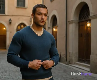 A Slavic man with pale skin and ash blond stubble stands in a dimly lit, cobbles