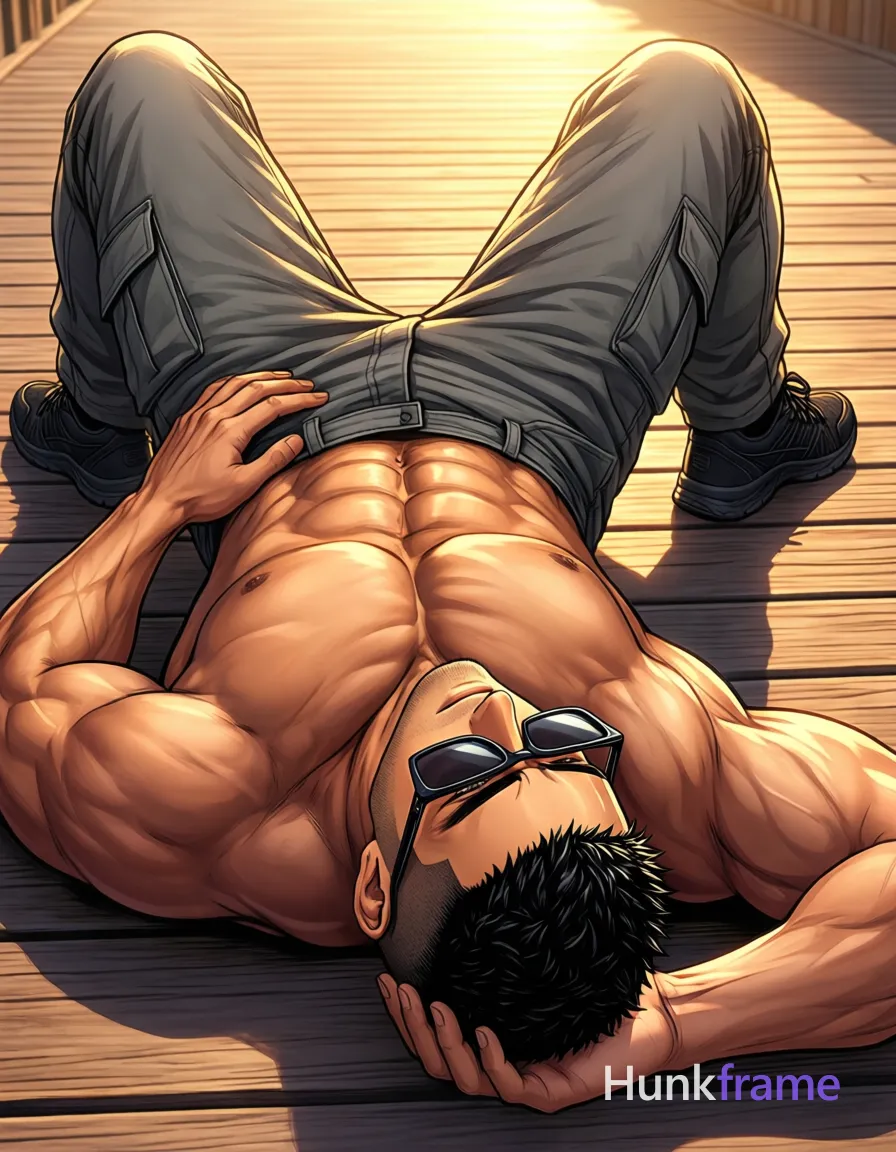 Polished anime-style illustration of an adult man with tanned skin and a short textured black buzz cut lying supine on a wooden deck. He wears rectangular thin-rimmed dark sunglasses pushed up onto his forehead, face turned away in profile. His left hand rests near the hip while the right arm extends behind the head supporting it; legs are spread apart with knees bent and feet elevated to display defined abdominal muscles, broad shoulders, and thick thighs inside grey cargo pants waistband visible at hips and black athletic shoes. Warm golden-hour sunlight creates high-contrast lighting emphasizing sculpted musculature against brown wood tones. The adult man visibly wears black-framed sunglasses worn on face, arms resting behind head; frame shape rectangular with thin rims, dark lenses on his face; preserve the exact frame shape, rim style, color, material, and lens tint., a single uninterrupted photograph only, no written words or typography anywhere in frame, no captions, no app UI, no social-media post layout, no screenshot borders