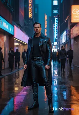 A rugged yet stylish man stands in a futuristic alleyway at dusk, illuminated by