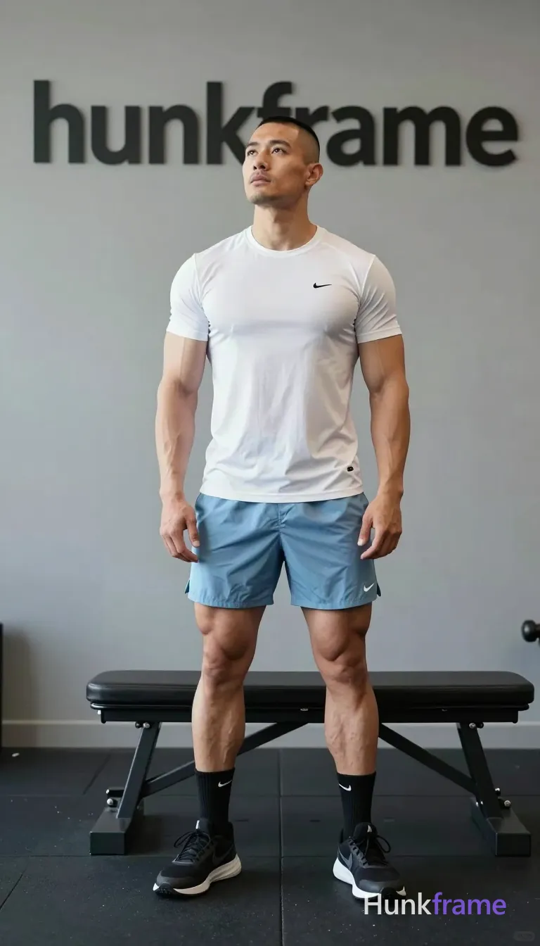 an anonymous figure man with short buzz cut and high forehead, clean-shaven face gazing upward contemplatively; Standing upright in a gym setting with grey walls and black rubber flooring, weight bench visible behind him; Wearing white fitted short-sleeve t-shirt with small chest logo, light blue athletic shorts reaching mid-thigh, black crew socks with white Nike swoosh, black athletic sneakers; Broad shoulders, defined pectorals, toned arms, thick thighs, visible calf muscles under overhead recessed lighting casting soft shadows; Vertical full-body shot centered composition, natural skin tones, realistic proportions, premium fashion-editorial aesthetic; FULL TEXT REPLACEMENT: remove every original source word, sentence, slogan, logo, and partial spelling from the text-bearing area, then replace it with only the wordmark, spelled exactly "hunkframe" on the sign in the composition; This is replacement; Preserve appropriate typography and scale; No other visible text, logo, caption, username, hashtag, comment, watermark, or UI chrome; single clean uninterrupted photograph with a cohesive editorial composition and plain continuous surrounding surfaces