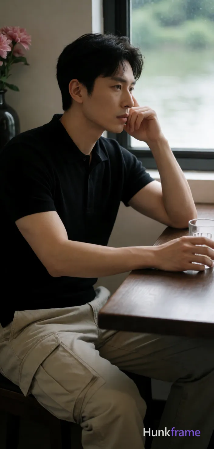 an anonymous figure man in a tasteful suggestive pose for fine-art photography, seated sideways at a dark wooden table; He wears a black short-sleeved polo shirt with collar buttoned and light beige cargo pants with multiple pockets; His lean build is highlighted by soft natural light from the right-side window creating gentle highlights on face and arms; He rests his chin on his right hand near temple while gazing leftward out of frame; left arm extends forward holding a clear glass steady on tabletop; Upper-right shows window view of water and greenery, left edge includes dark vase with pink flowers; Shallow depth of field blurs background for cinematic composition; single clean uninterrupted photograph with a cohesive editorial composition and plain continuous surrounding surfaces