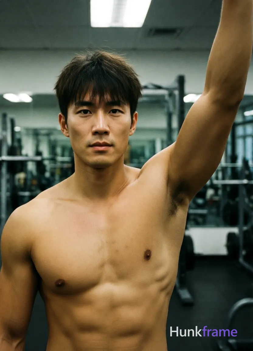 Photograph of exactly 1 adult man. Man 1: Asian, light to medium tan, oval with a defined jawline and chin, short, dark brown/black hair, slightly tousled on top with bangs falling over the forehead, straight texture, small mole on left pectoral area. Man 1 has fully exposed eyes, eyebrows, temples and nose bridge. Athletic Asian man with defined pectorals, broad shoulders. Standing upright shirtless in a gym with right arm raised high out of frame. Shirtless adult displaying bare chest, abdomen, shoulders, and arms up to biceps. Vertical portrait close-up from chest up centered on the torso, head. Indoor gym featuring mirrored walls, weight racks, and fluorescent ceiling lights. Overhead artificial lighting casting soft shadows across skin tones and muscle definition. Naturalistic photography with slightly grainy texture capturing a focused masculine mood