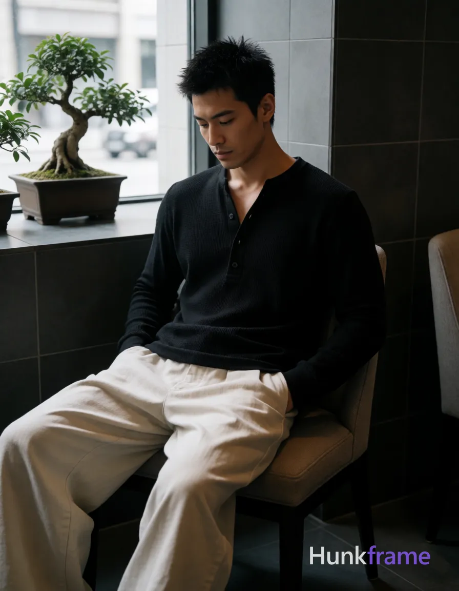 an anonymous figure man with medium tan skin and short spiky black hair, clean-shaven chin with faint upper lip stubble; Seated sideways on an upholstered chair in a minimalist urban-chic lounge near a window overlooking bonsai trees; Wearing a textured black long-sleeve Henley shirt open at the placket revealing sculpted upper chest, paired with loose light beige wide-leg trousers; Full-body shot from mid-thigh up to head angled slightly downward; Soft natural daylight highlights broad shoulders and defined biceps against dark tiled walls; Fine-art photography aesthetic emphasizing dramatic yet soft lighting on a contemplative masculine form, same aesthetic theme and photo feel as the reference but a different man in a different pose with distinct body proportions, Chinese man, light tan skin, high cheekbones, lean wiry martial-arts physique; single clean uninterrupted photograph with a cohesive editorial composition and plain continuous surrounding surfaces