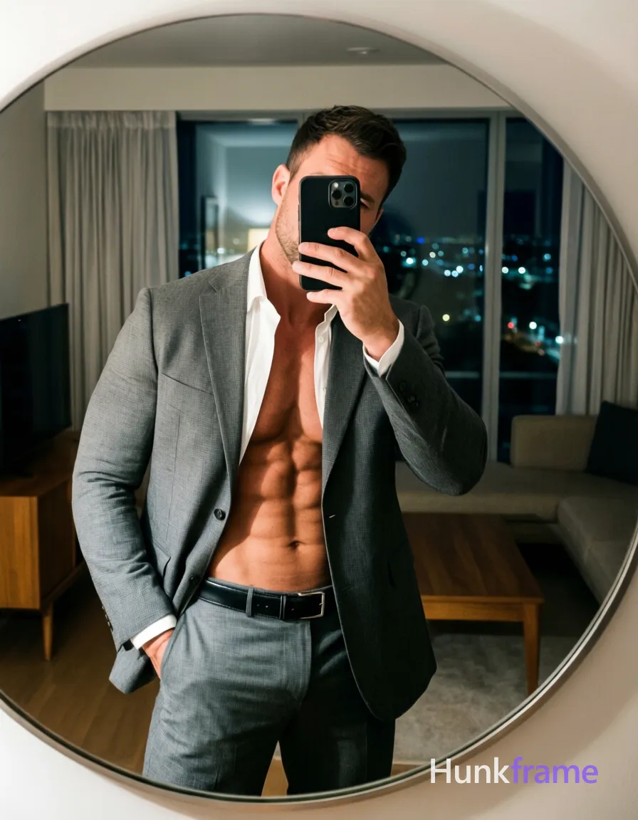 Shirtless adult man with defined abdominal musculature including rectus abdominis segments, obliques, and lower abs, broad shoulders, narrow waist standing in front of a round mirror taking a selfie; Left hand holding black smartphone to face obscuring eyes/nose/mouth; right hand inserted into right trouser pocket with elbow bent outward; torso angled slightly toward camera; head tilt; Wearing open grey textured suit jacket (single-breasted, two visible buttons), white collared dress shirt unbuttoned at top exposing bare chest and abdomen, grey tailored trousers matching the jacket, black leather belt with silver rectangular buckle; Indoor room with large window covered by sheer curtains showing blurred city lights at night; wooden furniture including sofa and side table visible in background reflection; Soft ambient indoor lighting creating gentle shadows on torso musculature; reflected light from smartphone screen illuminating part of face/hand; Waist-up shot framed by round mirror, centered within circular mirror reflection, occupying majority of frame vertically from waist up to obscured head; Mirror selfie composition, fashion editorial aesthetic, fine-art photography; single clean uninterrupted photograph with a cohesive editorial composition and plain continuous surrounding surfaces