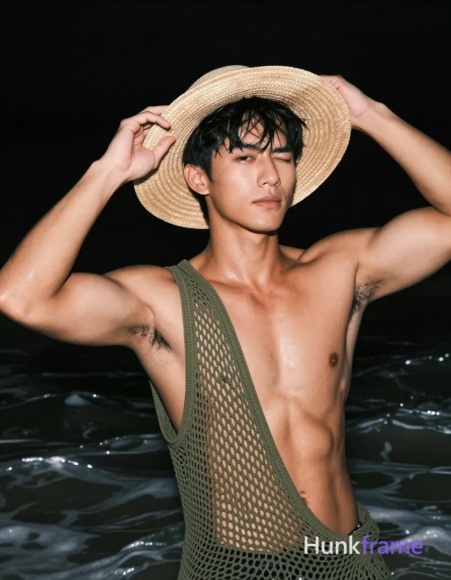 Asian man with tanned skin and short black straight hair stands in shallow water at night, adjusting a wide-brimmed straw hat on his head; He is shirtless with an olive-green open-knit mesh garment draped over shoulders exposing the entire chest and abdomen; Broad shoulders defined pectorals visible abdominal definition clean-shaven face relaxed expression eyes closed squinting against light torso angled toward camera close-up framing from mid-chest up to forehead shallow depth of field blurring dark ocean waves background dramatic directional lighting highlighting sculpted musculature skin sheen high-contrast fine-art photography vertical portrait orientation; single clean uninterrupted photograph with a cohesive editorial composition and plain continuous surrounding surfaces