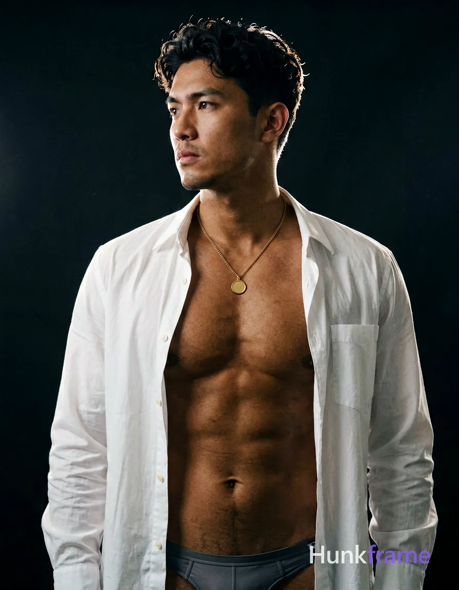 A handsome adult man with medium-dark skin and dark curly short hair stands against a deep black studio background. He wears an open white button-down shirt revealing his chest and abdomen, accented by a gold chain necklace with a round pendant. His broad shoulders and defined pectorals are highlighted by dramatic low-key lighting with a sharp rim light tracing his hairline. The composition is a vertical portrait capturing the upper torso angled slightly right while he turns his head left to gaze seriously off-camera. High contrast photography with shallow depth of field creates an intense, moody, and sensual fine-art atmosphere., shot on iPhone 15 Pro main camera, authentic smartphone computational photography, natural Smart HDR and true-to-life skin texture, vertical 9:16 Xiaohongshu lifestyle feed, bright clean everyday scene, unretouched phone photo with subtle sensor grain, trendy Chinese internet 网红 aesthetic, candid influencer energy, wearing underwear or swim trunks, covered genitals, no frontal nudity