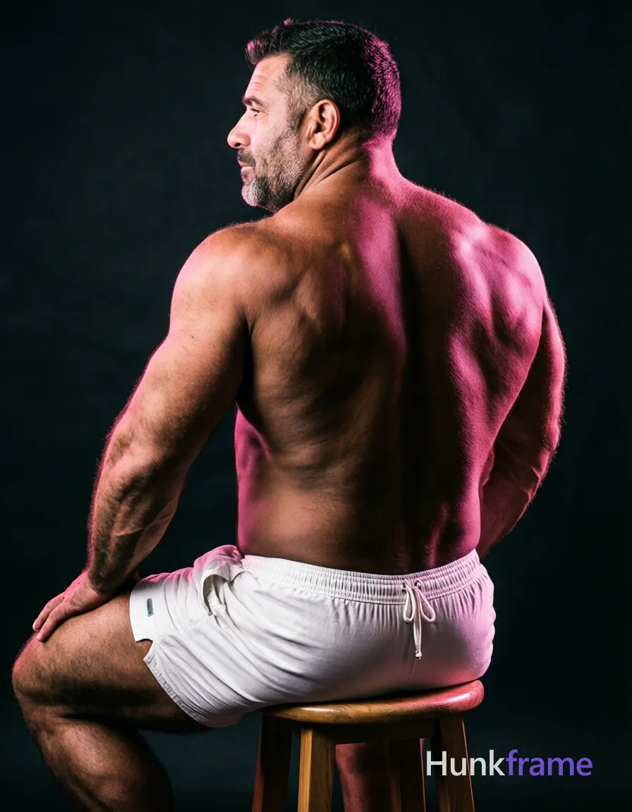 A big hairy stocky adult man with short dark hair and clean-shaven jaw sits shirtless on a wooden stool, viewed from behind-left in profile; He wears white loose-fitting shorts with an elastic waistband and drawstring detail at the front center; His left hand rests on his thigh near hip while right arm bends forearm against side of body; head turns slightly to viewer's right; Sculpted upper back displays defined latissimus dorsi, trapezius muscles, prominent shoulder definition, and visible abdominal musculature along lower torso; Entire back from neck to waistline is exposed with shoulders and upper arms shown; Indoor studio setting features dark indistinct background suggesting shallow depth of field; Strong directional pink rim light casts highlights on spine, shoulders, hair edge; soft fill creates subtle shadows across muscles; High contrast moody chiaroscuro fine-art muscle bear portrait composition centered occupying majority vertical frame, same aesthetic theme and photo feel as the reference but a different man in a different pose with distinct body proportions, Mexican man, bronze; single clean uninterrupted photograph with a cohesive editorial composition and plain continuous surrounding surfaces