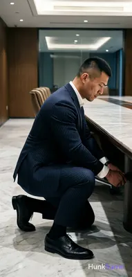 Asian man kneeling beside a large conference table, leaning forward to reach und