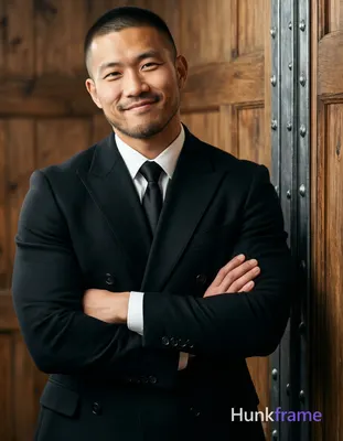 Asian man with buzz cut and light stubble stands upright in a black double-breas
