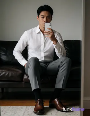 Asian man seated on dark leather sofa, legs spread knees bent taking mirror self