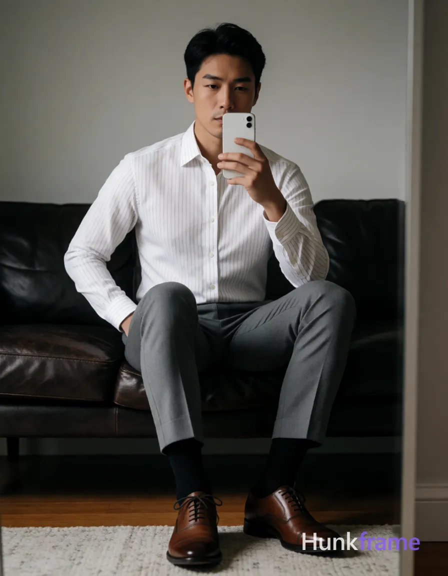 Asian man seated on dark leather sofa, legs spread knees bent taking mirror selfie with white smartphone at chest level; White long-sleeve button-up shirt subtle vertical stripes top two buttons undone revealing upper chest and collarbone artistic partial nude adult; Grey tailored trousers cuffed slightly above ankle black dress socks pulled up to mid-calf brown cap-toe oxford shoes visible on light-colored rug below; Broad shoulders defined pectorals toned arms short black buzz cut straight texture high forehead clean hairline clean-shaven neutral direct gaze at phone camera in mirror reflection left hand resting behind back near hip right arm raised holding smartphone; Indoor room featuring dark leather tufted sofa against light grey wall wooden floor partially covered by textured rug vertical mirror frame visible along right edge of image soft ambient indoor lighting creating gentle shadows on face and clothing folds white grey brown black palette polished confident stylish mood clean lines minimalist composition fine-art photography dramatic directional light defined anatomy confident strength athletic gym photography handsome; single clean uninterrupted photograph with a cohesive editorial composition and plain continuous surrounding surfaces