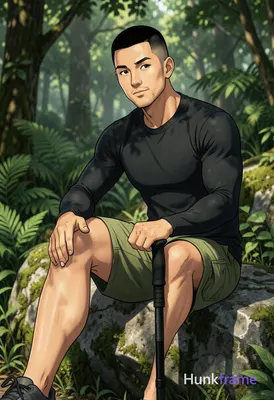 Asian man medium-tan skin short black buzz cut styled top light stubble seated on rock in forest tor