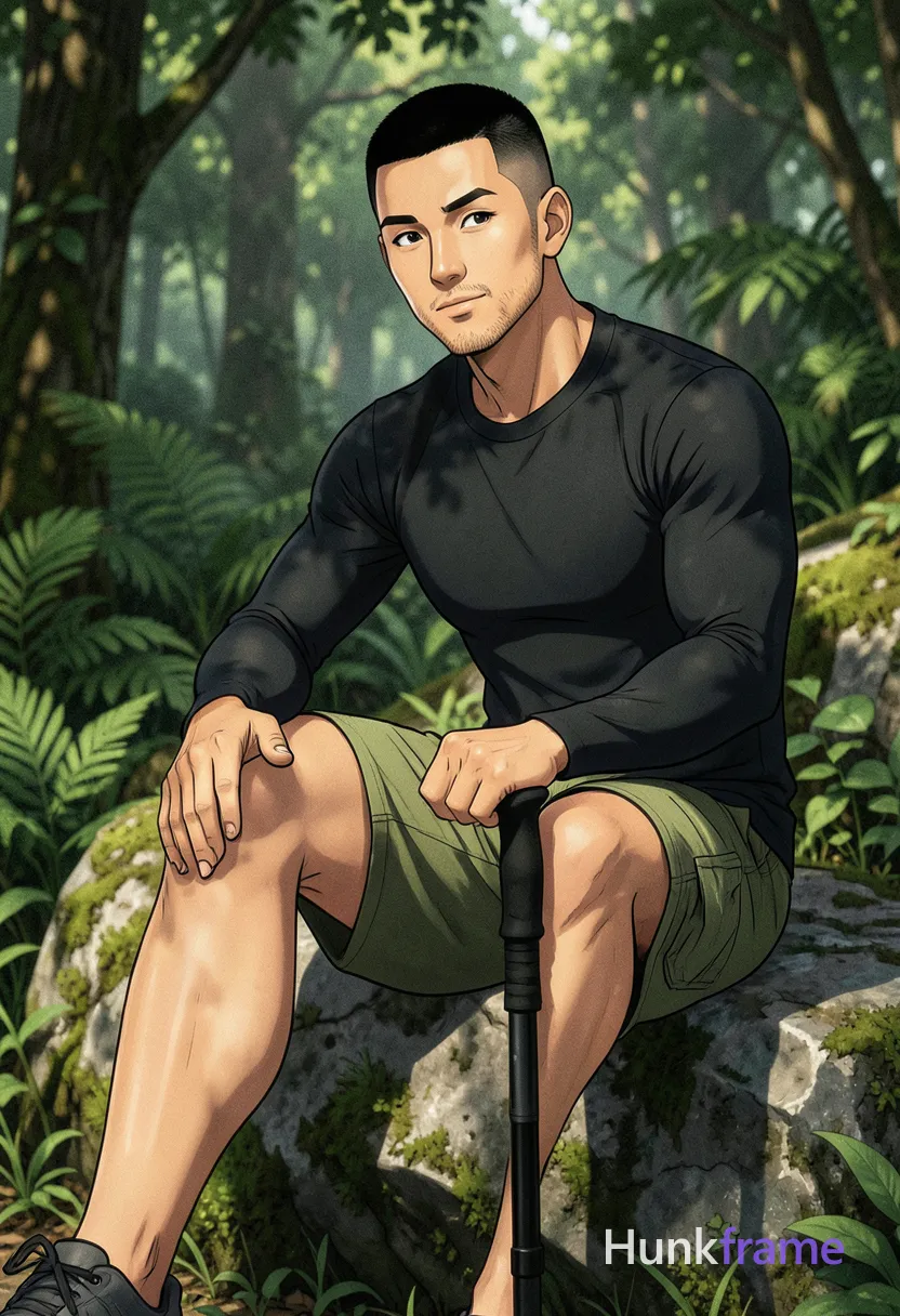 Asian man medium-tan skin short black buzz cut styled top light stubble seated on rock in forest torso angled left head turned to camera right knee up bent left leg extended downward out of frame wearing black long-sleeve athletic shirt fully covering torso olive-green cargo shorts broad shoulders thick thighs holding trekking pole handle near thigh dense green foliage background natural dappled lighting mobile phone camera aesthetic slightly grainy texture polished anime 2.5D next-gen game art expressive face athletic anatomy high-quality character rendering 13:19 aspect ratio, a single uninterrupted photograph only, no written words or typography anywhere in frame, no captions, no app UI, no social-media post layout, no screenshot borders