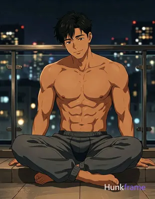 Polished anime style illustration of an Asian man with tanned skin and short bla