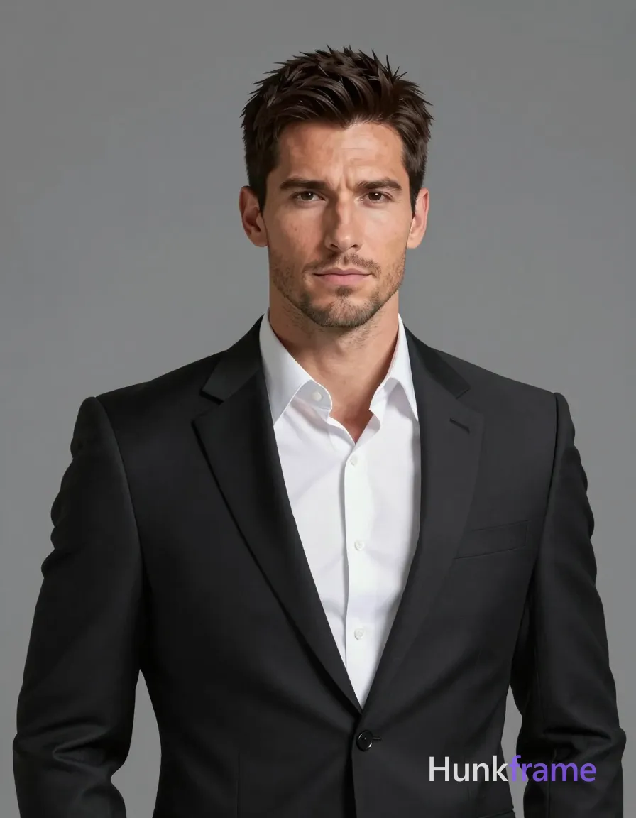 Polished anime style illustration of a Caucasian adult man with short dark brown hair and light stubble, rendered in high-quality 2.5D game art; He wears a black suit jacket over a white button-down shirt with the top two buttons undone, standing against a seamless grey studio background; His head is centered from mid-chest up, shoulders squared to camera with a slight forward lean implied by posture; Softbox frontal lighting creates even exposure on his fair skin texture, same aesthetic theme and photo feel as the reference but a different man in a different pose with distinct body proportions, Chinese man, light tan skin, high cheekbones, lean wiry martial-arts physique; single clean uninterrupted artwork with a cohesive composition and plain continuous surrounding surfaces