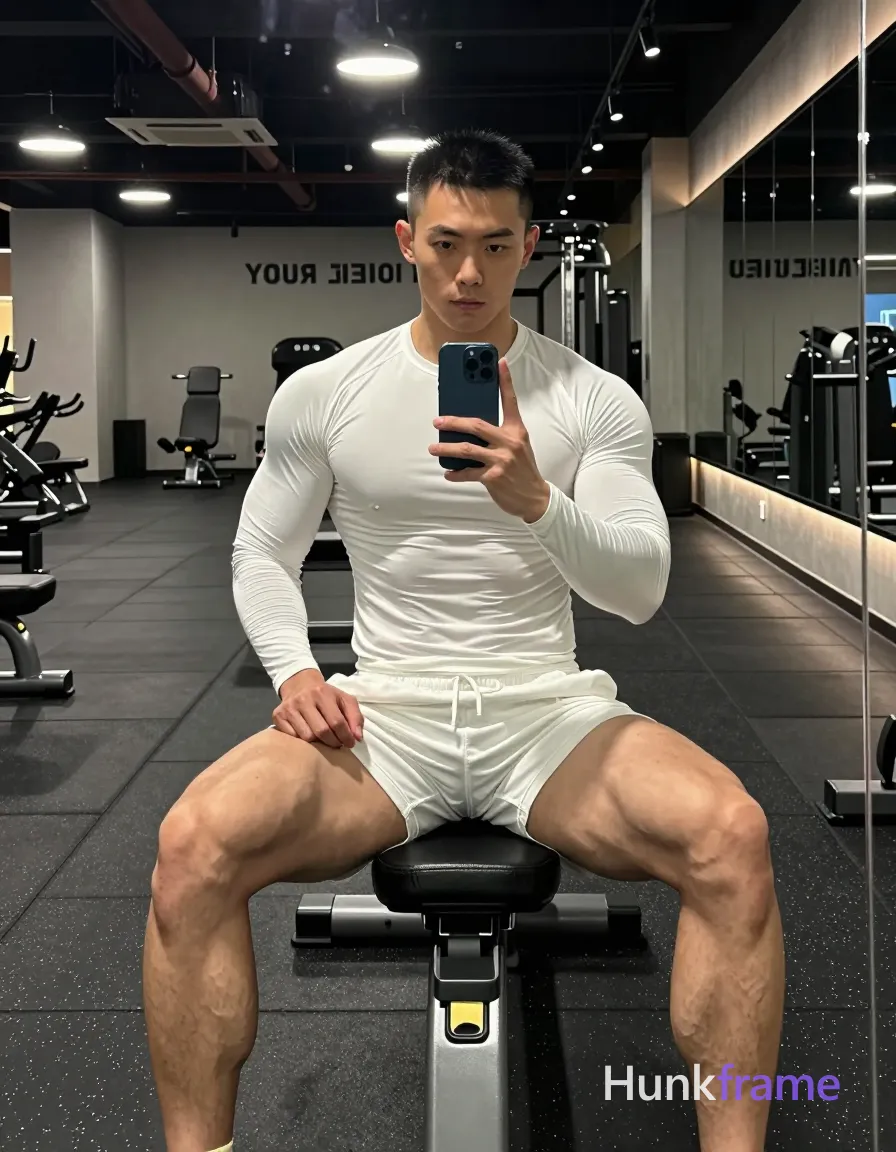 Asian man with short black buzz cut and clean-shaven face, neutral direct gaze into mirror reflection, seated on gym bench facing forward; Shirtless adult wearing white long-sleeve compression shirt covering torso from neck to waistline and matching white athletic shorts ending mid-thigh with visible drawstring waistband; Legs spread wide apart with knees bent, thighs prominently displayed showing thick quads and defined glutes; calves partially visible below hem; Holding dark blue smartphone vertically in right hand capturing mirror reflection, left hand resting on left thigh near hip area; Indoor gym environment with exposed ceiling pipes, industrial lighting fixtures, black rubber flooring speckled with white flecks, mirrored walls reflecting fitness equipment behind him on right side and wall text 'YOUR DEST'; Overhead track lights casting directional shadows across face and torso, ambient fluorescent glow creating soft highlights on light-medium skin tones; High-contrast gym photography, mirror selfie composition, premium fashion-editorial framing via industrial backdrop, confident focused masculine mood; FULL TEXT REPLACEMENT: remove every original source word, sentence, slogan, logo; single clean uninterrupted photograph with a cohesive editorial composition and plain continuous surrounding surfaces