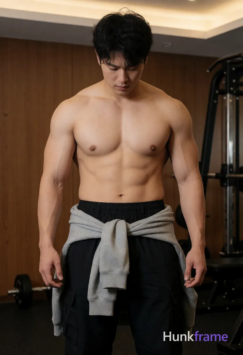 Very large heavy muscular stocky adult man with a broad thick torso, massive shoulders, thick neck, meaty chest and arms, powerful thighs, dense body hair, and heavyweight muscle-bear proportions; Asian man with light tan skin and short dark tousled hair stands upright in a vertical portrait, head tilted downward; He is shirtless revealing broad shoulders, defined abs, visible vascularity in arms, chest, abdomen, minimal chest hair, faint abdominal veins, and a small mole on the left pectoral area; Black cargo pants with elastic waistband and belt loops are worn; a gray hooded sweatshirt drapes over his front waist; Indoor gym setting with wooden paneling, weight rack, dumbbell on floor, soft overhead ambient light casting subtle shadows across torso; Fine-art photography aesthetic, clean composition, rugged warm confidence mood; single clean uninterrupted photograph with a cohesive editorial composition and plain continuous surrounding surfaces