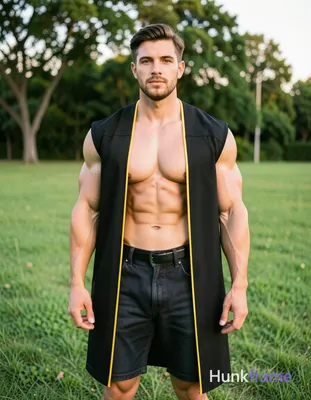 A photorealistic photograph of a handsome masculine man standing shirtless with 