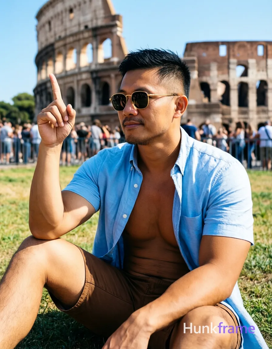 Asian man with short black hair featuring a textured top and faded sides, clean-shaven face wearing sunglasses with thin gold frames and dark lenses; He is shirtless with a light blue short-sleeved button-up worn open over his bare chest, paired with brown shorts; Seated on grass in the center-right foreground pointing upward with his right index finger while resting his left arm at his side; Lean build physique under bright natural sunlight near ancient Colosseum ruins with a blurred crowd behind a fence; High-resolution photo with shallow depth of field, blue and brown color palette, confident mood; The adult man visibly wears sunglasses with thin gold frames and dark lenses worn on face on his face; preserve the exact frame shape, rim style, color, material, and lens tint; single clean uninterrupted photograph with a cohesive editorial composition and plain continuous surrounding surfaces