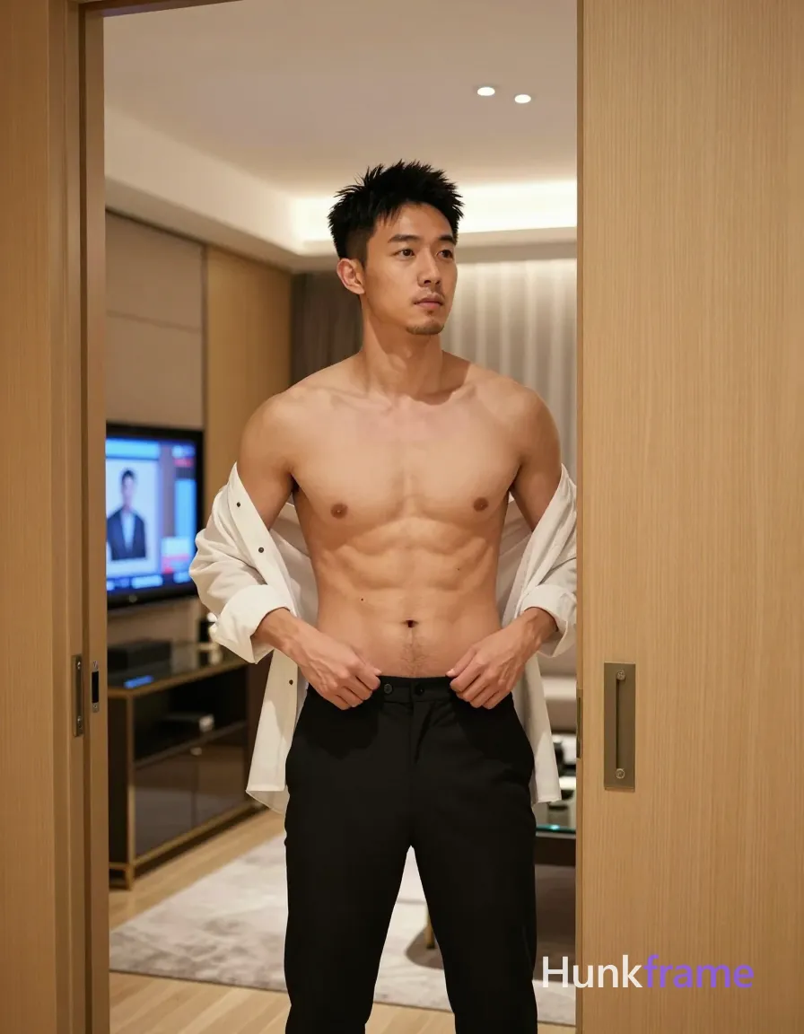 Asian man with short spiky black hair, light-medium skin tone, clean-shaven chin and upper lip with light jawline stubble; Shirtless torso displaying defined collarbones and visible abdominal musculature stands upright in a doorway frame, torso angled slightly leftward; He grips the waistband of his black tailored trousers at hip level with both hands as if adjusting them while sleeves are rolled to forearm on a white long-sleeve button-up shirt held off-body or implied by context; Full-body shot from head to mid-thighs framed between wooden sliding doors, partially obscured by doorframe on right side within a luxury hotel room interior featuring light wood paneling and glass TV console displaying HF broadcast; Soft ambient indoor lighting with recessed ceiling spotlights casting even illumination over clean lines and minimalist decor for high-end hospitality aesthetic; FULL GARMENT TEXT REPLACEMENT: remove every source garment word, sentence, slogan, logo, and partial brand spelling from every existing print area, then replace those source marks with only the wordmark, spelled exactly "HF"; This is; single clean uninterrupted photograph with a cohesive editorial composition and plain continuous surrounding surfaces