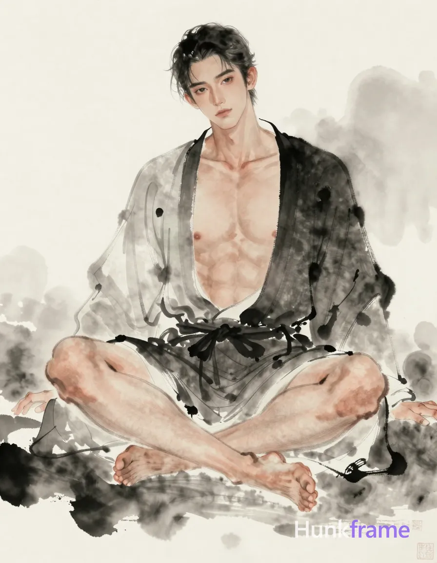 A handsome masculine man seated in an ink wash painting style, with a full body crop and shirtless. The setting is a misty atmosphere with muted tones, creating a serene and contemplative mood. Thick muscular thighs are prominently featured, with a soft focus and slightly blurred overall appearance. The composition captures the essence of Chinese traditional aesthetic, combining elegant robes with modern fusion art elements., a single uninterrupted photograph only, no written words or typography anywhere in frame, no captions, no app UI, no social-media post layout, no screenshot borders