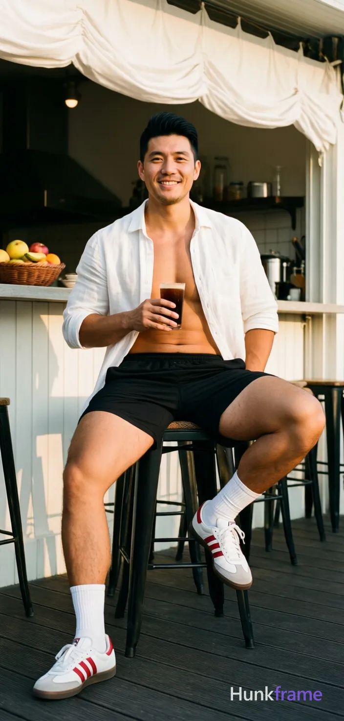 Asian man with light-medium skin and black short styled hair, clean-shaven face smiling at camera. Seated on stool legs spread apart left foot flat ground right leg bent elevated on base holding dark beverage in right hand shirtless white linen button-up open chest revealing bare torso collarbone upper abdomen wearing black athletic shorts mid-thigh white crew socks white sneakers with red stripes thick thighs defined calves. Outdoor cafe patio under white draped fabric ceiling counter behind fruit bowl kitchen equipment visible warm golden hour sunlight from right casting soft shadows neutral whites blacks skin tones relaxed confident mood full body shot knees up to head centered portrait photography natural depth of field., a single uninterrupted photograph only, no written words or typography anywhere in frame, no captions, no app UI, no social-media post layout, no screenshot borders