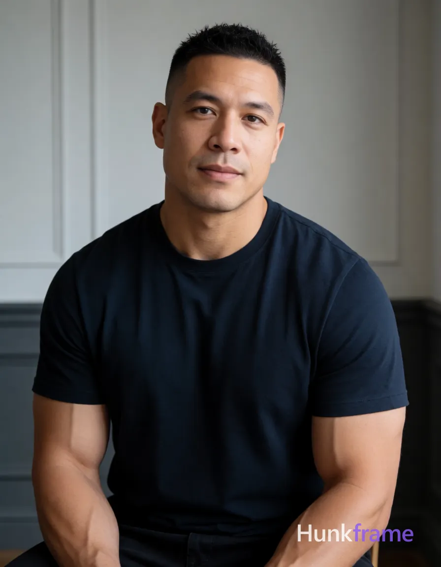 Heavily muscular adult man with substantial muscle mass, wide shoulders, thick neck, large chest and arms, powerful thighs, and dense bodybuilding proportions; an anonymous figure man with light to medium tan skin and subtle shadows under the jawline, black short buzz cut fading to skin on sides with textured spiky top layer standing upright; Clean-shaven face with very faint stubble along jawline and upper lip, chin smooth; Neutral expression with direct gaze toward camera and slight head tilt to viewer's left; Seated facing forward with shoulders relaxed and head turned slightly right; Wearing dark navy or black crew-neck t-shirt covering torso completely; Fully clothed adult heavily muscular build physique; Indoor minimalist room with light gray paneled walls and dark horizontal molding behind subject; Soft directional frontal-left key light creating subtle shadowing on right cheek and neck; Clean composition, natural skin tones, shallow depth of field implied by background blur; Athletic photography style emphasizing defined anatomy, same aesthetic theme and photo feel as the reference but a; single clean uninterrupted photograph with a cohesive editorial composition and plain continuous surrounding surfaces