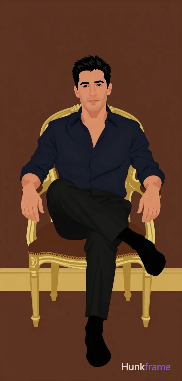 Bold flat-color wall art graphic of an adult man with medium-dark skin and short dark textured hair seated centrally in a full-body shot on an ornate chair. He wears a dark navy button-down unbuttoned to the mid-chest revealing pectorals, black tailored dress pants, and black ribbed socks pulled up to mid-calf without shoes. His legs are crossed at ankles with left over right under high contrast lighting that creates clean color blocking between deep brown walls, gold accents, and his dark navy shirt., a single uninterrupted photograph only, no written words or typography anywhere in frame, no captions, no app UI, no social-media post layout, no screenshot borders