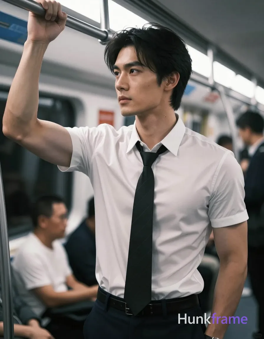 Asian man with light-medium warm skin, clean-shaven face, black medium-length side-parted hair. Standing on a subway train gripping an overhead silver rail with right hand, body angled slightly toward camera while head turns away in contemplation. Wearing tight-fitting white short-sleeved button-up shirt revealing defined pectorals and torso musculature through semi-transparent fabric, loose-knot black striped necktie, dark navy trousers with visible belt buckle. Chest-up portrait from chest to mid-thigh, center-left foreground against blurred commuters. Cool-toned fluorescent subway lighting creates high-contrast highlights on skin and sheen of shirt, soft shadows under jawline. Shallow depth of field isolates subject in dramatic cinematic composition., same aesthetic theme and photo feel as the reference but a different man in a different pose with distinct body proportions, Chinese man, light tan skin, high cheekbones, lean wiry martial-arts physique, a single uninterrupted photograph only, no written words or typography anywhere in frame, no captions, no app UI, no social-media post layout, no screenshot borders
