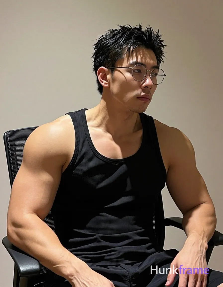 Asian man with medium-tan skin, short textured black hair, round wire-rimmed glasses resting on nose bridge, and neatly trimmed stubble; Seated in a black mesh office chair against an indoor studio beige wall; torso angled right, left hand curled under chin, right arm relaxed by side wearing a black ribbed tank top covering chest and abdomen; Vertical portrait crop from mid-thigh up showing broad shoulders, defined pectorals, and toned arms with prominent biceps; Dramatic directional lighting from upper left creates sculpted highlights on forehead and nose bridge while casting deep shadows under chin; Fine-art photography aesthetic with premium editorial mood; The adult man visibly wears round wire-rimmed glasses with thin dark metal frames; clear lenses; resting on nose bridge without slipping on his face; preserve the exact frame shape, rim style, color, material, and lens tint, shot on iPhone 15 Pro main camera, authentic smartphone computational photography, natural Smart HDR, vertical 9:16 Xiaohongshu lifestyle post, bright clean gym or cafe scene, wardrobe matching reference outfit; single clean uninterrupted photograph with a cohesive editorial composition and plain continuous surrounding surfaces