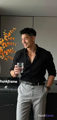 Asian adult man with short spiky black high fade hair and light stubble smiling 