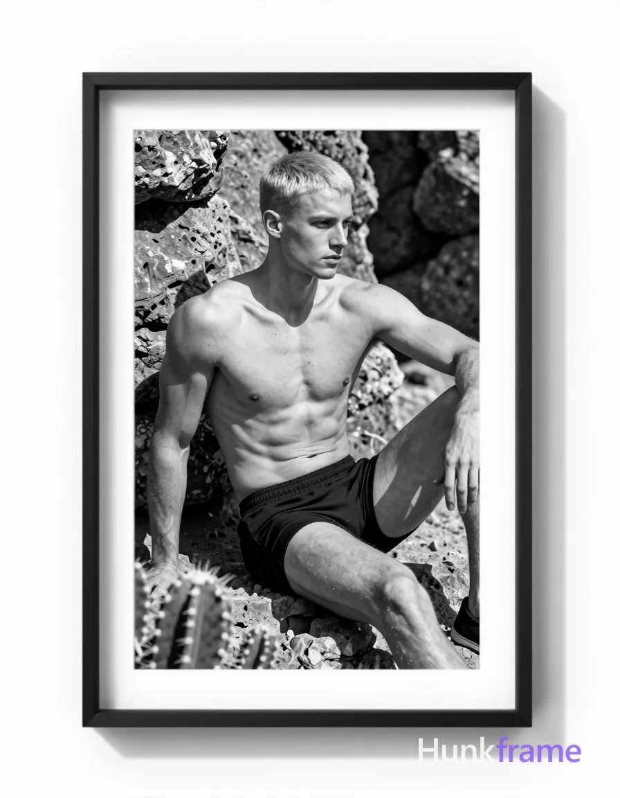 A white male model with short light-colored hair and clean-shaven face sits on rocky ground in a vertical portrait. He is shirtless, displaying lean muscle definition across his chest and abdomen, wearing dark shorts below the waistline. His legs are bent with torso slightly turned rightward; left arm rests near knee while right arm is partially obscured by a foreground cactus cluster. Natural daylight casts high-contrast shadows on textured rock formations behind him. He sits centered within white matting inside a black frame with monochrome palette and sculptural lighting that emphasizes his athletic build in an editorial fine-art photography aesthetic., a single uninterrupted photograph only, no written words or typography anywhere in frame, no captions, no app UI, no social-media post layout, no screenshot borders