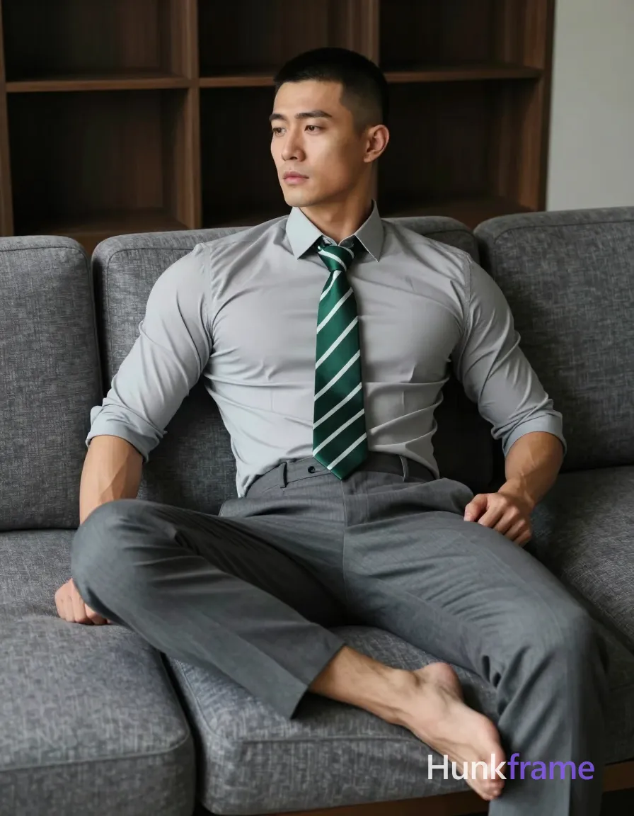 Asian man with short buzz cut and clean-shaven face reclining on a gray sectional sofa, torso angled right; He wears a tight-fitting light-gray long-sleeve dress shirt sleeves rolled to mid-forearm, dark green-and-white diagonal-striped necktie knotted at collar, matching gray slim-fit trousers; Left arm rests along body side, right hand near waistband of trousers; legs extended forward and crossed at ankles exposing thick thighs; Soft directional ambient light from left creates subtle shadows on right torso; Minimalist interior with dark wood shelving in background; Shallow depth-of-field focus on sculpted physique including broad shoulders, defined pectorals, toned abs; Vertical portrait composition 13:19; single clean uninterrupted photograph with a cohesive editorial composition and plain continuous surrounding surfaces