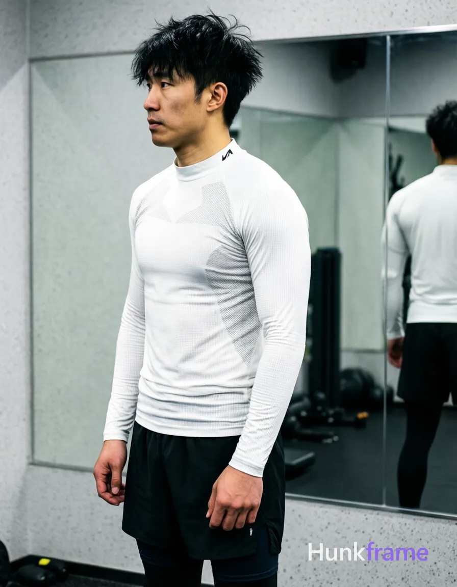 Asian man with short textured black hair styled upward at the crown, slightly messy front bangs falling over forehead, clean-shaven face with neutral to slightly serious gaze directed off-camera left; Standing in profile facing left, weight balanced on both legs with slight hip rotation toward camera; Wearing white long-sleeve compression-style athletic shirt with ribbed texture and subtle mesh paneling across chest; high collar with small logo near neck, black athletic shorts over black compression briefs or leggings visible at hem; Indoor gym setting with light gray speckled walls and reflective mirrored wall behind reflecting subject's back; Soft directional lighting from front-left creating subtle shadows on right side of face and torso; High contrast between white top and dark shorts emphasizing textured fabric details; Vertical portrait orientation, full-body shot from mid-thigh up to head; single clean uninterrupted photograph with a cohesive editorial composition and plain continuous surrounding surfaces