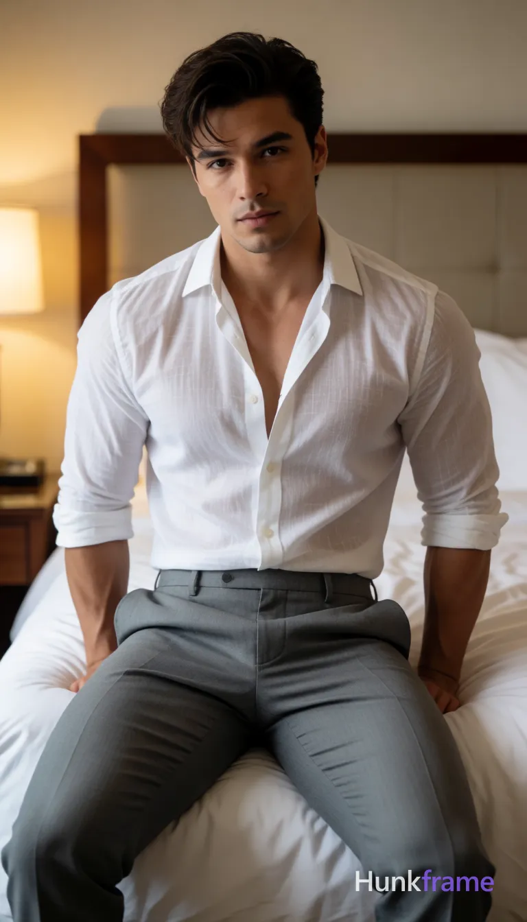 Heavily muscular adult man with substantial muscle mass, wide shoulders, thick neck, large chest and arms, powerful thighs, and dense bodybuilding proportions; Asian or mixed heritage man with medium tan warm skin seated on edge of bed, torso upright; Dark brown voluminous hair styled back with side-swept bangs; clean-shaven face with light chin stubble; Shirtless wearing white button-down open from collar to waist revealing bare chest and abdomen, sleeves rolled mid-forearm, fabric slightly sheer; Grey tailored trousers front fly closure no belt visible; Broad shoulders defined pectorals six-pack abs thick thighs muscular legs centered full-body shot thighs up; Hotel bedroom upholstered headboard white linens bedside lamp wooden nightstand warm ambient glow soft directional fill left shallow depth of field high-resolution fashion editorial photography confident sophisticated intimate mood; single clean uninterrupted photograph with a cohesive editorial composition and plain continuous surrounding surfaces