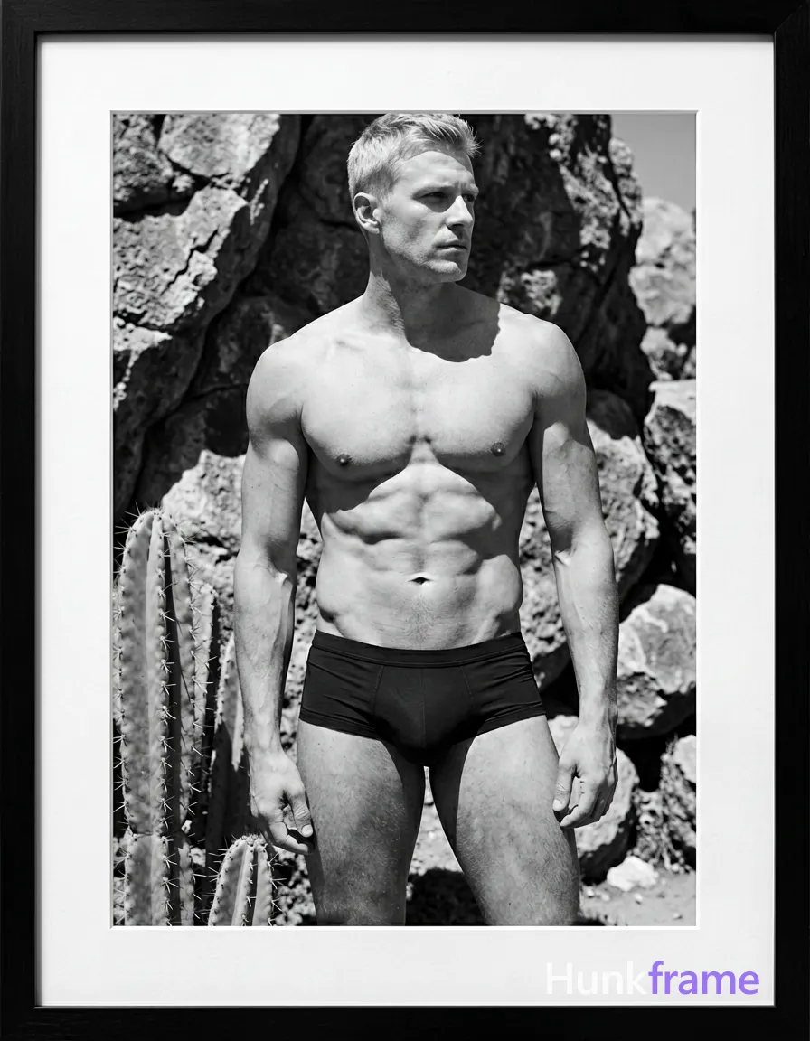 A handsome white man with short light-colored hair and clean-shaven face stands casually in a vertical portrait. He is shirtless, displaying lean muscle definition across his chest and abdomen, wearing dark shorts below the waistline. His body faces slightly rightward; left arm rests near knee while right hand holds an unseen object partially obscured by a foreground cactus cluster. Natural daylight casts high-contrast shadows on textured rock formations behind him. He sits centered within white matting inside a black frame with monochrome palette and sculptural lighting that emphasizes his lean muscle definition in an editorial fine-art photography aesthetic., wearing underwear or swim trunks, covered genitals, no frontal nudity, a single uninterrupted photograph only, no written words or typography anywhere in frame, no captions, no app UI, no social-media post layout, no screenshot borders